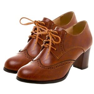 High Heels Wingtip Oxfords Round Toe Lace Up Stacked Block Heels Vintage 7.5 US